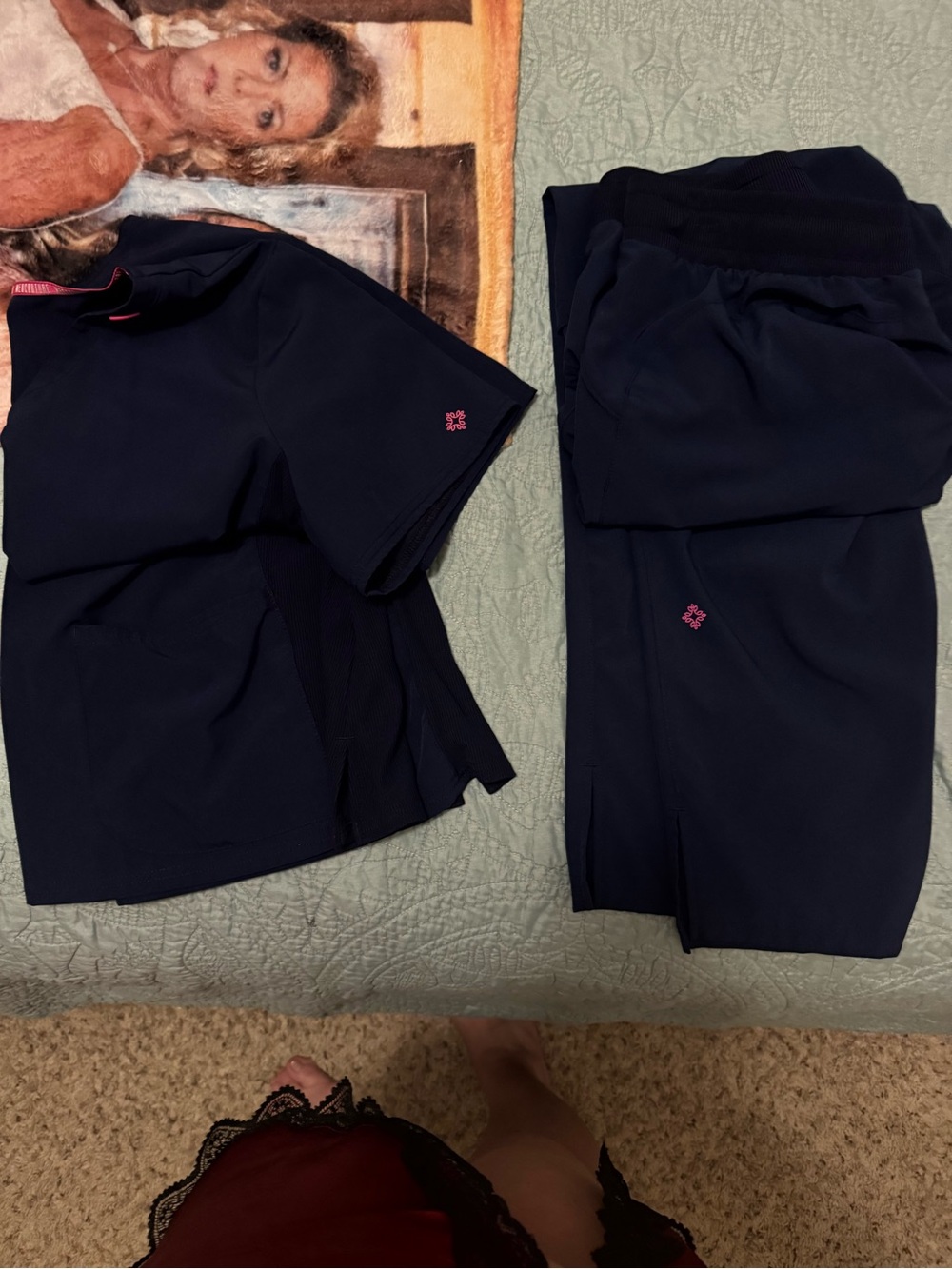Med Couture Navy Wide Leg Pants with Pink Logo Accent and top